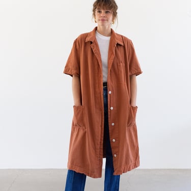 Vintage Overdye Terra Cotta Orange Short Sleeve Shop Coat | Made in England Long Jacket | work smock duster trench | XS XL 