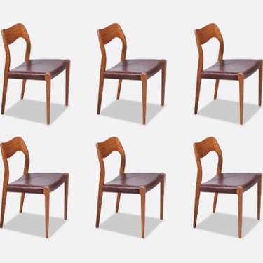 Arne Hovmand-Olsen Model 71 Teak Wood & Leather Dining Chairs for J.L. M\u00f8llers
