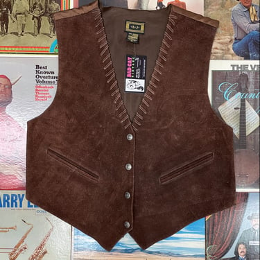 Vintage Dark Brown Suede Leather Vest w Snap Closure, Slit Pockets & Unique Weave-Work by A.J. Medium | 1970s, 1980s, 1990s, Cowboy, Western 