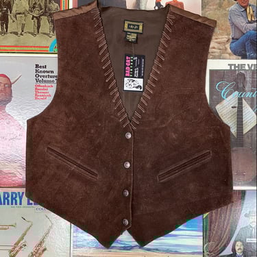Vintage Dark Brown Suede Leather Vest w Snap Closure, Slit Pockets & Unique Weave-Work by A.J. Medium | 1970s, 1980s, 1990s, Cowboy, Western 