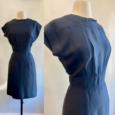 Vintage 50s 60s SILK Dress / NAVY Blue Dupioni Silk / Cap Sleeve + Bow / Minimalist Style / Lined 