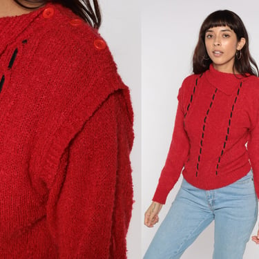 Red Knit Sweater 80s Asymmetrical Collar Black Decorative Stitch Embroidered Foldover Button Up Turtle Neck 1980s Vintage Knitwear Medium M 