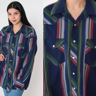 Striped Western Shirt 90s Wrangler Pearl Snap Shirt Button Up Cowboy Rodeo Long Sleeve Navy Blue Green Red Vintage 1990s Mens Large 17 35 