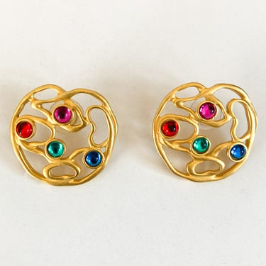 80s Gold Organic Shaped Pierced Earrings with Multicolored Stones 