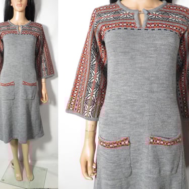 Vintage 70s Bell Sleeve Hippie Sweater Dress Size S/M 