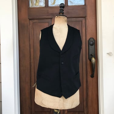 French Black Wool Waistcoat, Paris Belt Maker, Edwardian, Silk Button Front, Cotton Lined, Belted, Period Clothing 