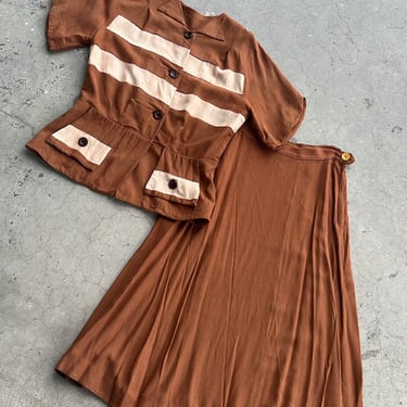 1940’s vintage brown & beige two tone blouse and skirt set 