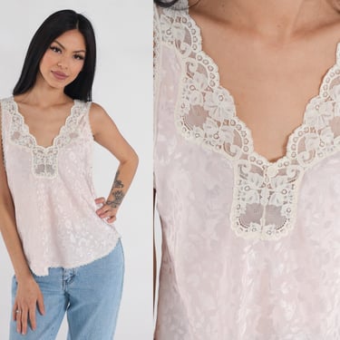 90s Cami Top Baby Pink Floral Lace Camisole Lingerie Tank Top Sleeveless Satin Sleep Shirt Embossed Pastel Loungewear Vintage 1990s Small S 