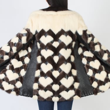 Heart Print Real Mink Fur Trench Coat / 1970s Black Leather Spy Jacket / Platinum Blonde Geometric Designed Overcoat 