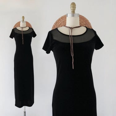 90's iconic black velour dress - s - vintage womens 90s 1990s minimal holiday Christmas body con long maxi dress size small 