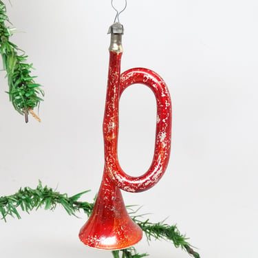 Antique 1930's Mercury Hand Blown Glass Hand Painted Trumpet Horn, Vintage Christmas Tree Ornament 