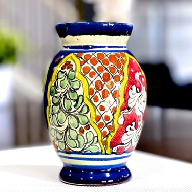 VINTAGE: Talavera Mexican Pottery Vase - Colorful Hand Painted Bowl - Made in Mexico 