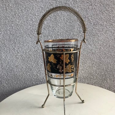 Vintage MCM barware serving metal cady holder ice bucket large glass black gold leaf cup 8” 