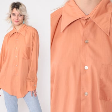 70s Shirt Muted Orange Dagger Collar Shirt Long Sleeve Disco Shirt Retro Button Up Top Collared Plain Vintage 1970s Men's Large 