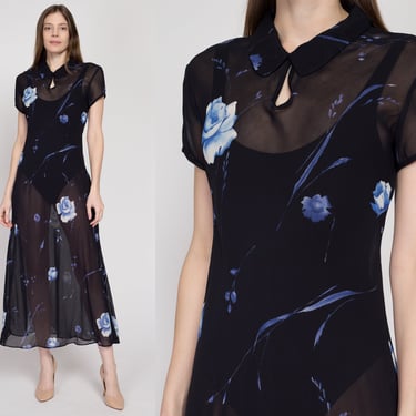 Medium 90s Sheer Black & Blue Floral Bias Cut Maxi Dress | Vintage Grunge Short Sleeve A Line Keyhole Collared Sundress 