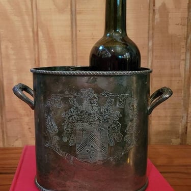 Vintage Wine or Champagne Bottle Cooler Silvertone with crest on front and back. Great for dinner parties 