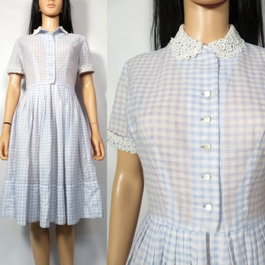 Vintage 50s/60s Designer Blue And White Gingham Shirtdress Size S/M 