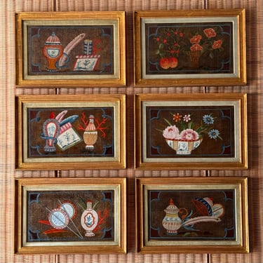 Set of Six 18th C. Anglo-Dutch Stamped & Hand Painted Chinoiserie Style Still Life Panels
