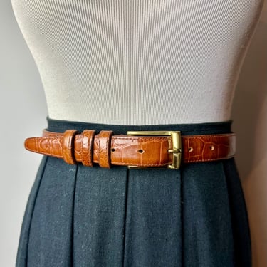 90’s brown gator women’s belt~ polished glossy perforated with gold buckle skinny belts dressy 1990’s boho trend~ size SM-XSM 