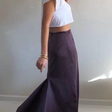 90s silk maxi skirt / vintage plum charmeuse liquid silk satin twirling maxi hostess skirt with train | 28 W 