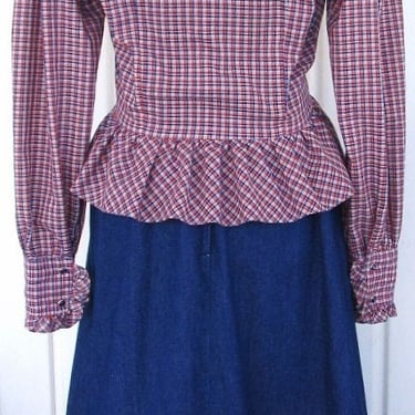 Tem Tex Vintage Western Women's Cowgirl Two Piece Set, Denim and Plaid Prairie Style Skirt & Peplum Shirt, Approx. Small (see meas.) 