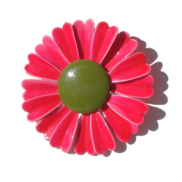 Vintage 60s Mod Flower Brooch Pink & Green Enameled Pin 