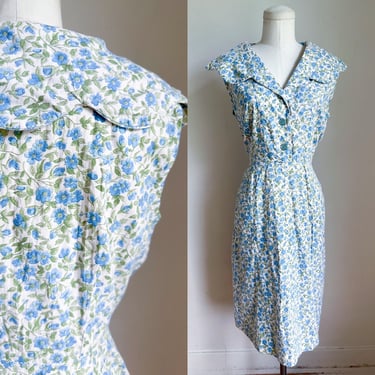 Vintage 1950s Blue Floral Scalloped Collar Dress / M 