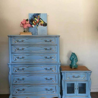 French Provincial High Boy/ Chest of Drawers/ Tall Boy and Nightstand 