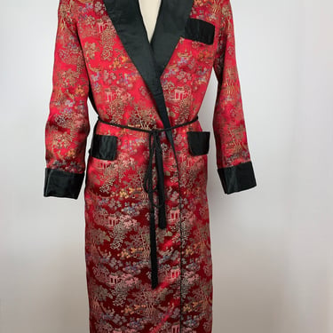 1950'S Brocade Lounge Robe - Vivid Red Satin Brocade with Chinese Imagery - Black Shawl Collar - Fully Lined - Men's Size Large 