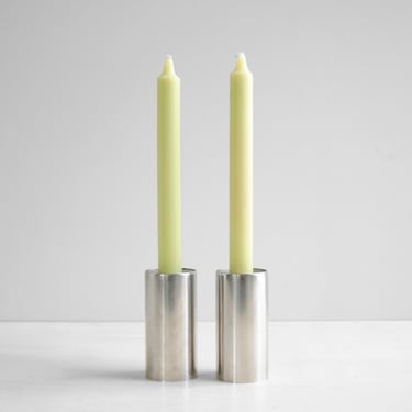 Vintage Stainless Steel Modern Candle Holder Pair, Silver Metal Column Candlesticks 