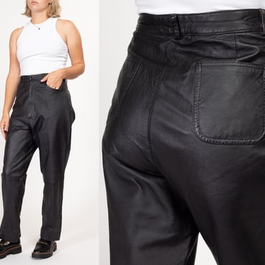 Large 90s Black Leather High Waisted Trousers 32" | Vintage Tapered Leg Minimalist Biker Pants 