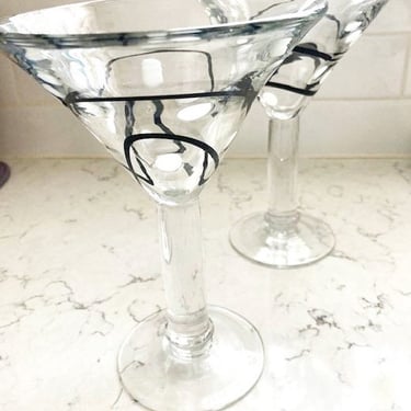 One Pair of Hand Blown Glass Martini Glasses with Black and White Swirl Design by LeChalet