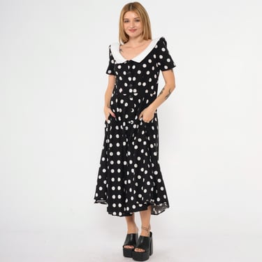 Vintage Polka Dot Dress 80s Black White Button Up High Waisted Shirtdress Midi 1980s Short Sleeve A-Line Flared Contrast Collared 7/8 Medium 