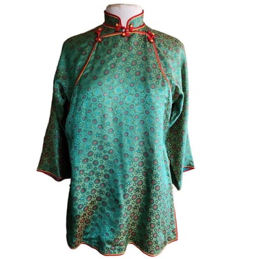 Vintage Chinese Style Jacket Tunic Green Silkprint 