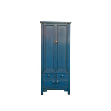 Oriental Dark Teal Blue Narrow Wood Detail Door Drawers Storage Cabinet cs7824E 