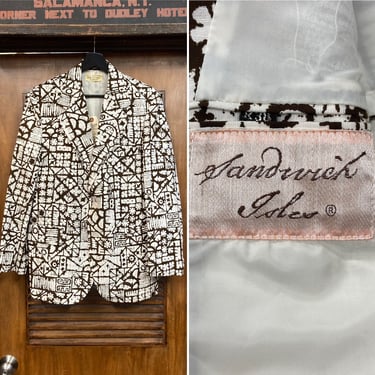Vintage 1960’s “Sandwich Isles” Tiki Cotton Hawaiian Pop Art Blazer Coat Sport Coat Jacket, 60’s Vintage Clothing 