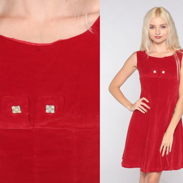 Red Velvet Dress 60s Mini Party Dress Mod Sleeveless Empire Waist Fit Flare Skater Dress Holiday Formal Vintage 1960s Petite Extra Small xs 