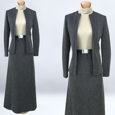 VINTAGE 70s Silver Metallic Lurex and Navy Blue Knit Maxi Dress and Jacket Set | 1970s Hostess Gown, Jacket, Belt Outfit | Long Dress vfg 