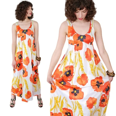 Vintage 70s Vera Print Nightgown Lounge Dress or Sundress Orange Flowers 