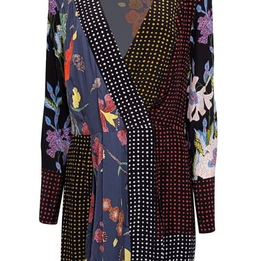 Diane von Furstenberg - Black & Multicolor Mixed Print Silk Long Sleeve Dress Sz S