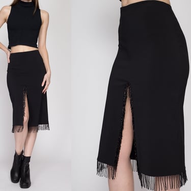 Small 90s Black Beaded Fringe Slit Skirt | Vintage High Waisted Knee Length Midi Pencil Skirt 
