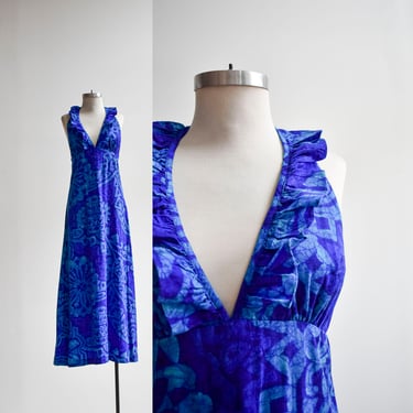 1970s Blue Hawaiian Maxi Dress 