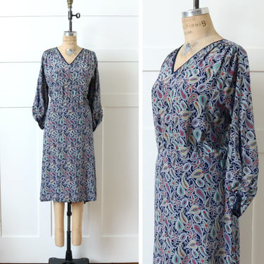 volup vintage 1930s deco dress • navy blue paisley print rayon dress with cut-out sleeves 