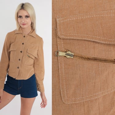 70s Western Shirt Cargo Pocket Blouse Long Sleeve Light Brown Tan Button Up Top Vintage 1970s Rodeo Shirt Yoke Shirt Boho Extra Small xs 