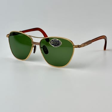 Vintage Aviator Sunglasses - Gold Metal Frame - Green Glass Lenses - Gold Metal & Tortoise Temples - NOS Deadstock 