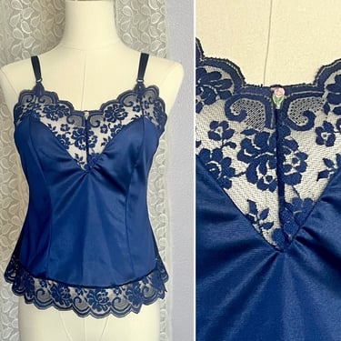 Vintage Cami Camisole, Lacy, Navy Blue, Cut Out Lace, Sweetheart, Nylon, JC Penney 