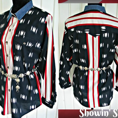 Panhandle Slim Vintage Retro Western Women's Cowboy Shirt, Patriotic Red, White & Blue Colors, Tag Size Large (see meas. photo) 