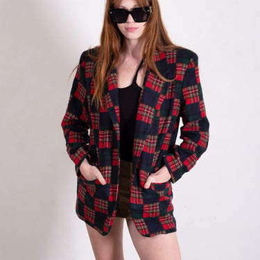 Vintage 1990s Red Plaid + Black Checkerboard Print Structured Shoulder Blazer with Pockets Gingham Tartan XS S M 