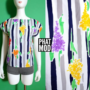 Unique Lightweight Vintage 80s 90s Stripes Abstract Flowers Print Top 