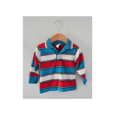 Vintage Baby Boy Tee - Long Sleeve Polo Shirt - Red White Blue Striped Top - Size 18 Months 